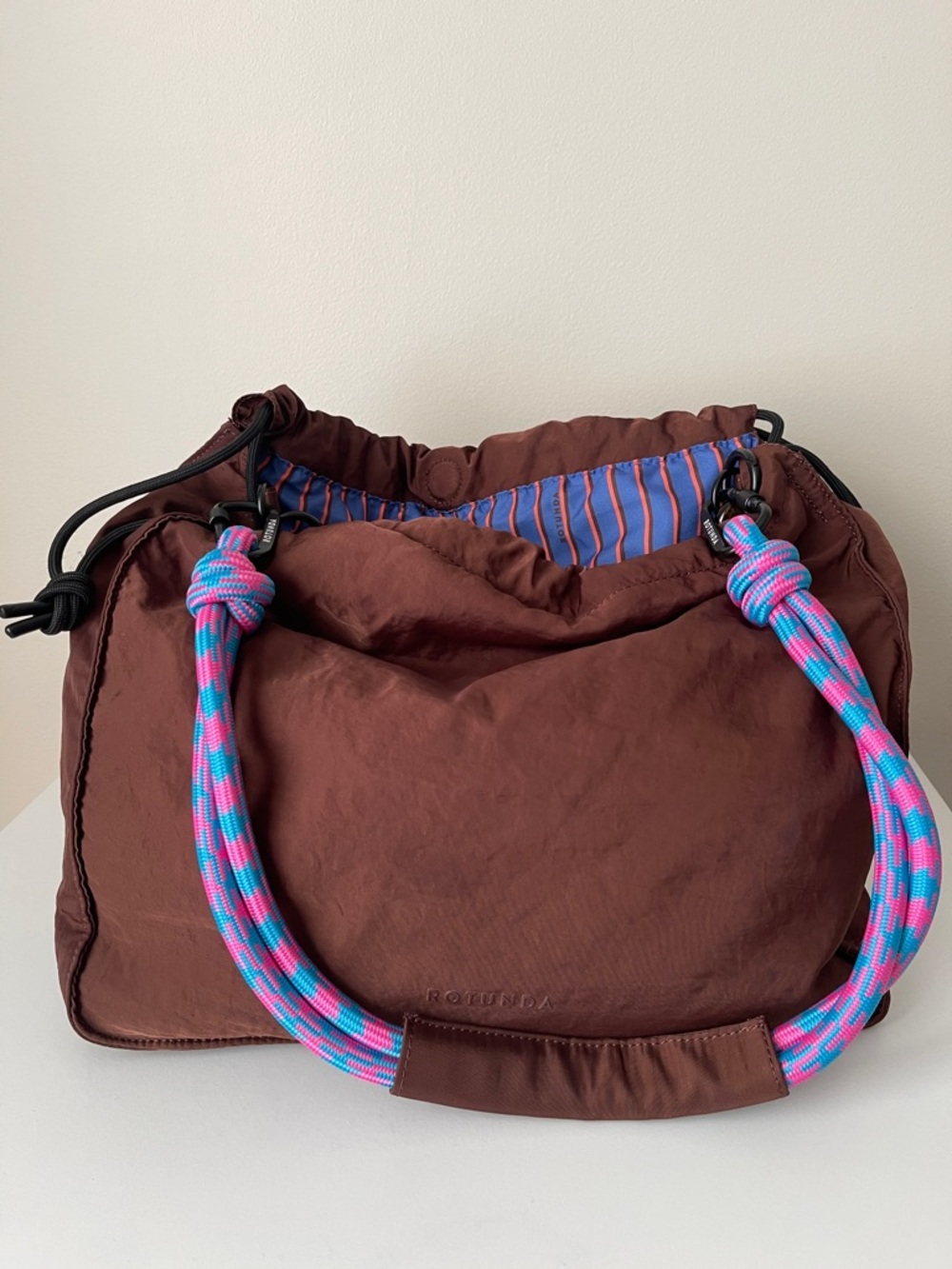 Rotunda Brown Shoulder Bag with Pink & Blue Rope Handles